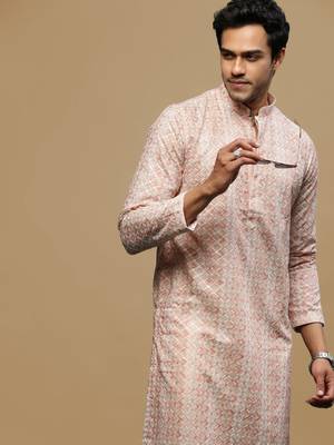 Sanwara men's printed orange chikankari kurta with alluring sequin accents. 1