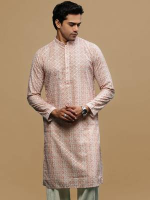 Sanwara men's printed orange chikankari kurta with alluring sequin accents. 2