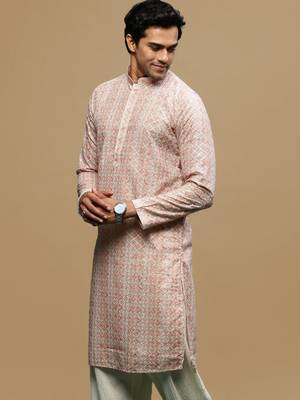 Sanwara men's printed orange chikankari kurta with alluring sequin accents. 3