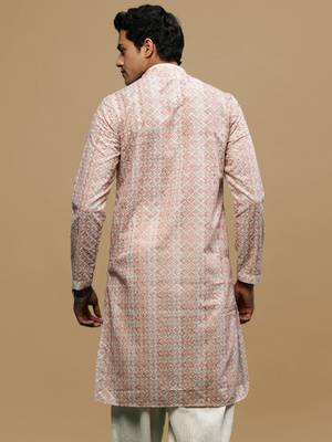 Sanwara men's printed orange chikankari kurta with alluring sequin accents. 4