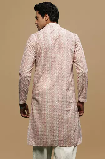 Sanwara men's printed orange chikankari kurta with alluring sequin accents.