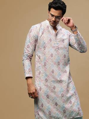 Sanwara men's printed rust chikankari kurta with alluring sequin accents. 1