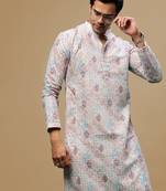 Sanwara men's printed rust chikankari kurta with alluring sequin accents.