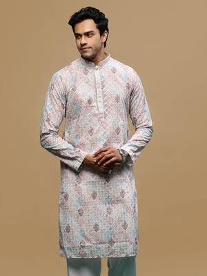 Sanwara men's printed rust chikankari kurta with alluring sequin accents. 2