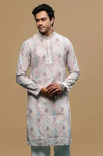 Sanwara men's printed rust chikankari kurta with alluring sequin accents.
