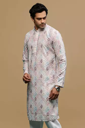 Sanwara men's printed rust chikankari kurta with alluring sequin accents.