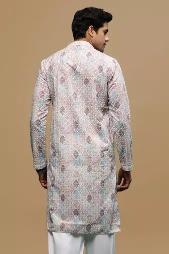 Sanwara men's printed rust chikankari kurta with alluring sequin accents.