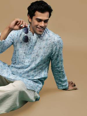 Sanwara men's printed sky blue chikankari kurta with alluring sequin accents. 1