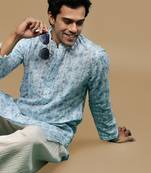 Sanwara men's printed sky blue chikankari kurta with alluring sequin accents.
