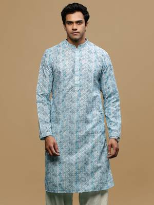 Sanwara men's printed sky blue chikankari kurta with alluring sequin accents. 2