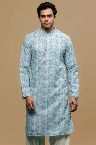 Sanwara men's printed sky blue chikankari kurta with alluring sequin accents.