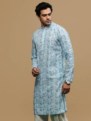 Sanwara men's printed sky blue chikankari kurta with alluring sequin accents. 3