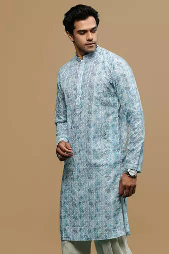 Sanwara men's printed sky blue chikankari kurta with alluring sequin accents.