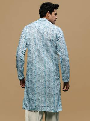 Sanwara men's printed sky blue chikankari kurta with alluring sequin accents. 4