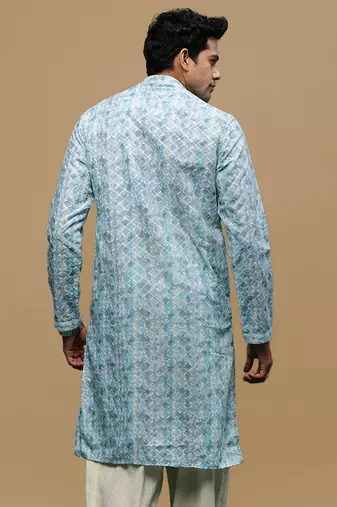 Sanwara men's printed sky blue chikankari kurta with alluring sequin accents.