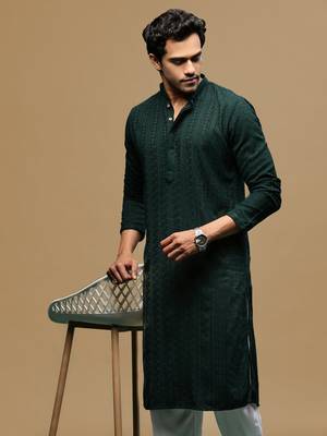 men's designer solid deep green chikankari kurta 1