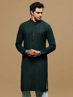men's designer solid deep green chikankari kurta 2