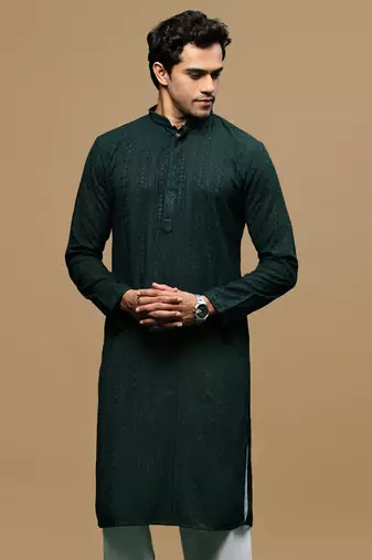 men's designer solid deep green chikankari kurta