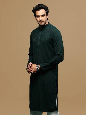 men's designer solid deep green chikankari kurta 3