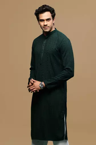 men's designer solid deep green chikankari kurta