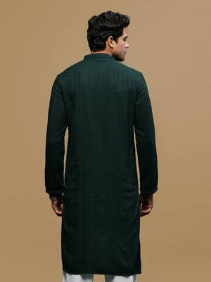 men's designer solid deep green chikankari kurta 4