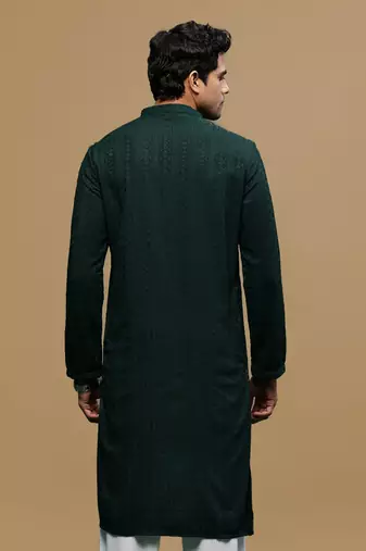 men's designer solid deep green chikankari kurta