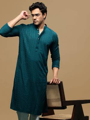 men's designer solid firozi chikankari kurta 1