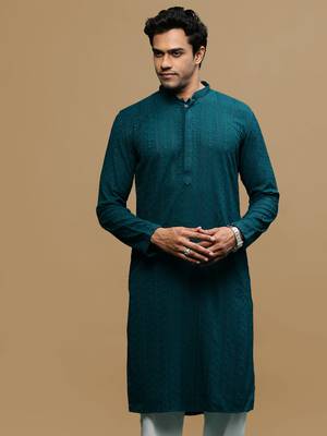 men's designer solid firozi chikankari kurta 2