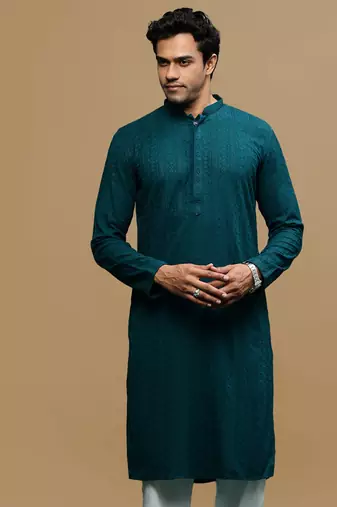 men's designer solid firozi chikankari kurta