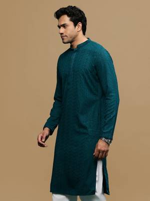 men's designer solid firozi chikankari kurta 3