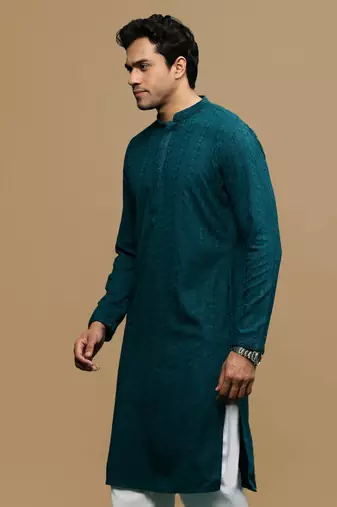men's designer solid firozi chikankari kurta