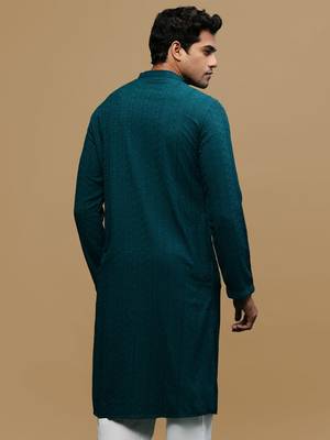 men's designer solid firozi chikankari kurta 4