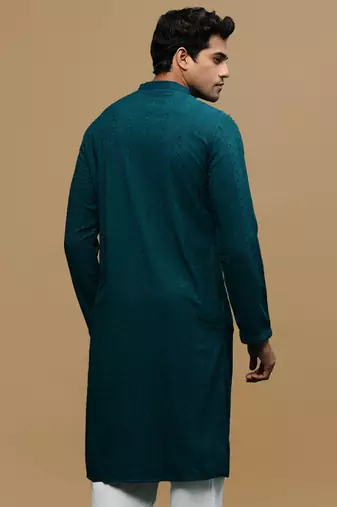 men's designer solid firozi chikankari kurta