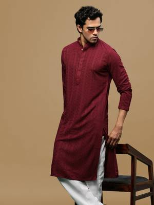 men's designer solid maroon chikankari kurta 1