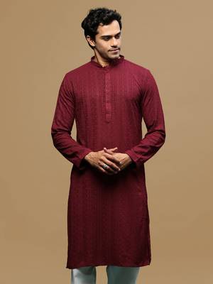 men's designer solid maroon chikankari kurta 2