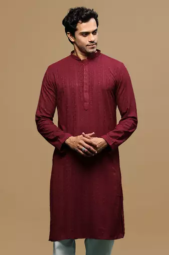 men's designer solid maroon chikankari kurta