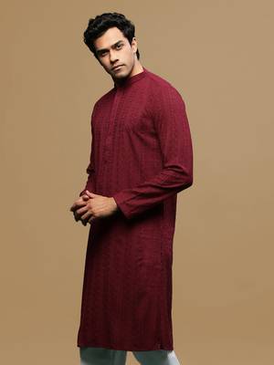 men's designer solid maroon chikankari kurta 3