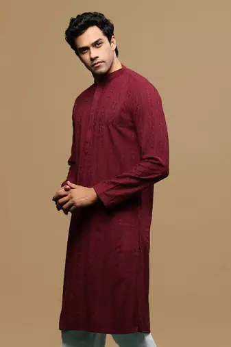 men's designer solid maroon chikankari kurta