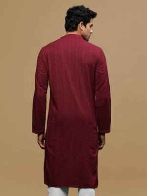 men's designer solid maroon chikankari kurta 4