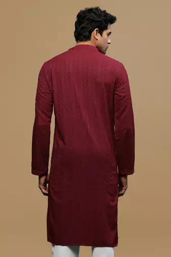 men's designer solid maroon chikankari kurta