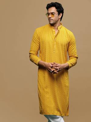 men's designer solid mustard chikankari kurta 1