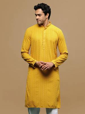 men's designer solid mustard chikankari kurta 2