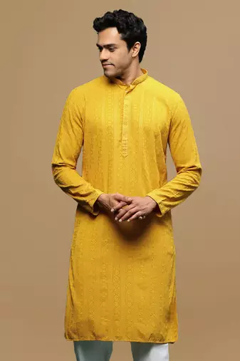 men's designer solid mustard chikankari kurta