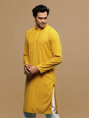 men's designer solid mustard chikankari kurta 3