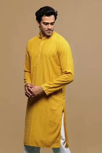 men's designer solid mustard chikankari kurta