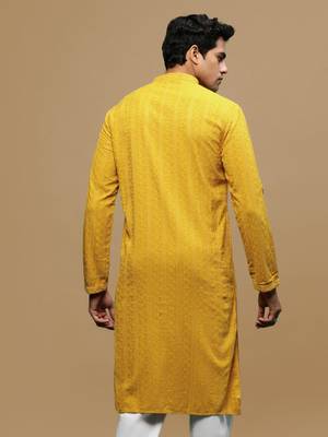men's designer solid mustard chikankari kurta 4