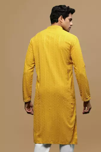 men's designer solid mustard chikankari kurta