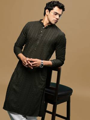 men's designer solid olive chikankari kurta 1