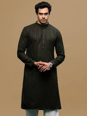 men's designer solid olive chikankari kurta 2