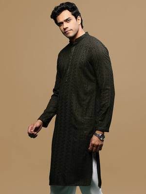 men's designer solid olive chikankari kurta 3